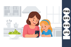 Mother and daughter using smartphone together in modern kitc Product Image 1