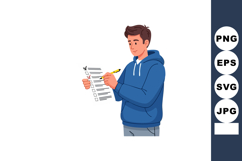 Young man in blue hoodie filling out form with yellow pencil Product Image 1