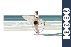 Woman surfer standing on beach holding surfboard with ocean Product Image 1