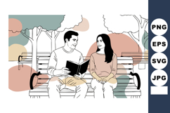 Young couple sitting on park bench reading book and enjoying Product Image 1