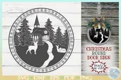 Church with Deer Round Sign | Christmas Porch Sign SVG Product Image 1