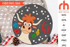 hi xmas cow svg, cow baubles svg, farm welcome sign svg, christmas hanger svg, texas door sign svg, country sign svg, laser cut file, layered ranch sign, western theme svg, hanging sign svg, farmhouse christmas, porch sign svg
