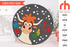 hi xmas cow svg, cow baubles svg, farm welcome sign svg, christmas hanger svg, texas door sign svg, country sign svg, laser cut file, layered ranch sign, western theme svg, hanging sign svg, farmhouse christmas, porch sign svg