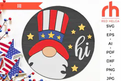 gnome hi svg, gnome stars silhouette, gnome pattern svg, independence day svg, welcome hanger svg, patriotic circle dxf, fourth of july svg, round hanging sign svg, laser cut file, layered door svg, wood sign svg, glowforge cut file, cricut cut file
