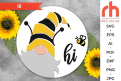 gnome hi svg, summer hanger svg, gnome bee svg, welcome sign svg, wood sign dxf, honey door svg, round hanging sign svg, laser cut file, layered sign svg, garden sign svg, gnome silhouette, glowforge cut file, cricut cut file