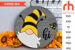 gnome hi svg, summer hanger svg, gnome bee svg, welcome sign svg, wood sign dxf, honey door svg, round hanging sign svg, laser cut file, layered sign svg, garden sign svg, gnome silhouette, glowforge cut file, cricut cut file