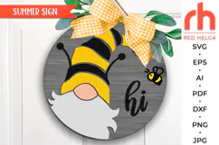 gnome hi svg, summer hanger svg, gnome bee svg, welcome sign svg, wood sign dxf, honey door svg, round hanging sign svg, laser cut file, layered sign svg, garden sign svg, gnome silhouette, glowforge cut file, cricut cut file