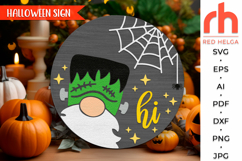 gnome frankenstein svg, spooky hanger svg, halloween door sign svg, welcome sign svg, fall door sign svg, round hanging sign svg, laser cut file, layered sign svg, glowforge cut file, cricut cut file, porch sign svg, autumn circle dxf, front sign svg