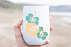 Modern hibiscus flower design in green and yellow tones with light distressing, simple layered shapes ideal for Cricut, Silhouette, and digital crafting projects.