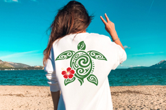 Tropical sea turtle design with flowing tribal lines and a red hibiscus flower placed near the shell. High-contrast graphic on white background, perfect for vinyl cutting, t-shirts, and summer crafts.