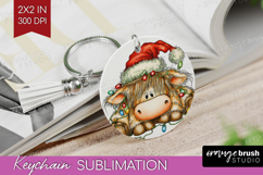 Highland Cow Tangled In Christmas Lights Keychain PNG Funny Product Image 1