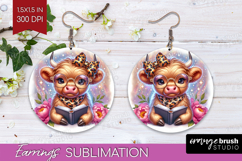 Highland Cow Reading Round Earrings Book Lover PNG Product Image 1