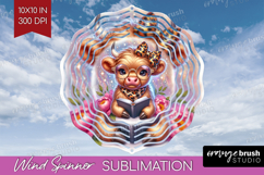 Highland Cow Reading Wind Spinner Sublimation PNG Book Lover Product Image 1