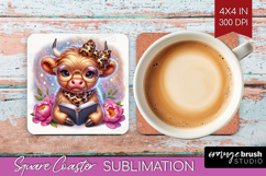 Highland Cow Reading Square Coaster Book Lover Coaster PNG Product Image 1