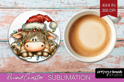 Highland Cow Tangled In Christmas Lights Round Coaster Funny Product Image 1