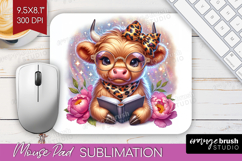 Highland Cow Reading Mouse Pad Sublimation Book Lover PNG Product Image 1