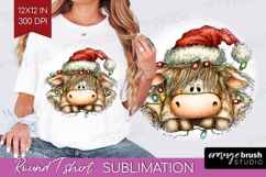 Highland Cow Tangled In Christmas Lights Round Tshirt Funny Product Image 1