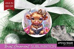 Highland Cow Reading Ornament PNG Book Lover PNG Sublimation Product Image 1