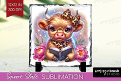 Highland Cow Reading Slate PNG Book Lover Square Slate Product Image 1