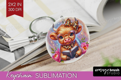 Highland Cow Reading Keychain PNG Book Lover Keychain Product Image 1