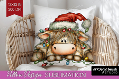 Highland Cow Tangled In Christmas Lights Pillow Sublimation Product Image 1