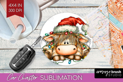 Highland Cow Tangled In Christmas Lights Car Coaster Funny Product Image 1