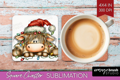 Highland Cow Tangled In Christmas Lights Square Coaster Xmas Product Image 1