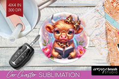 Highland Cow Reading Car Coaster Book Lover Coaster PNG Product Image 1