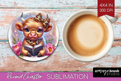 Highland Cow Reading Round Coaster Book Lover Coaster PNG Product Image 1