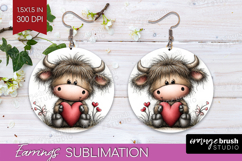 Highland Cow Valentine Round Earrings Whimsical Animal PNG Product Image 1