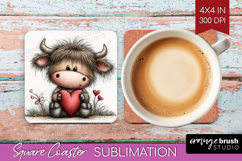 Highland Cow Valentine Square Coaster Whimsical Animal PNG Product Image 1