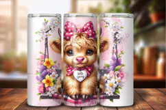 Spring Highland Cow 20oz Tumbler Wrap PNG Sublimation Design Product Image 1