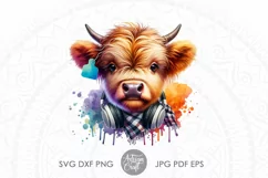 The artwork shows a cute highland cow wearing headphones, plaid scarf and cow ear tag as PNG file for download