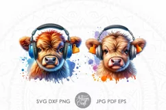  PNG file artwork shows highland cow wearing headphones as digital download 