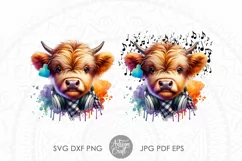 The artwork shows a cute highland cow wearing headphones, plaid scarf and cow ear tag as PNG file for download