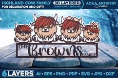 3D Layered Highland Cow Family Name Lasercut Design Template Product Image 1