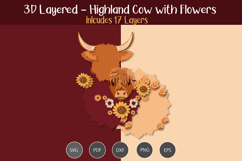 3D Layered Highland cow with flowers Product Image 3