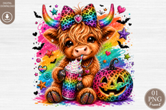 Highland Cow Halloween PNG, Rainbow Leopard Pumpkin Product Image 1