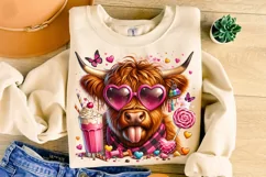 Valentines Day Highland Cow PNG, Valentine's Day Sublimation Product Image 1