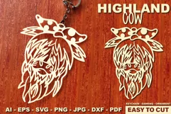 Lasercut Highland Cow Keychain - Laser Cut Cow Earring SVG Product Image 1