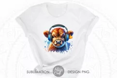  PNG file artwork shows highland cow wearing headphones as digital download 