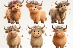 Highland Cow 38 PNG Cute Floral Cow Clipart Transparent BG Product Image 2