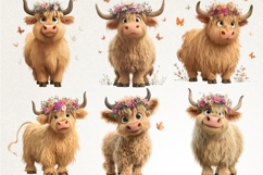Highland Cow 38 PNG Cute Floral Cow Clipart Transparent BG Product Image 4