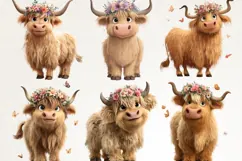 Highland Cow 38 PNG Cute Floral Cow Clipart Transparent BG Product Image 6