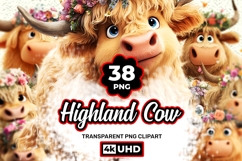 Highland Cow 38 PNG Cute Floral Cow Clipart Transparent BG Product Image 1