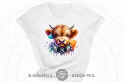 The artwork shows a cute highland cow wearing headphones, plaid scarf and cow ear tag as PNG file for download