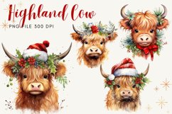 Christmas Highland Cow Watercolor Clipart Xmas Highlanders Product Image 1