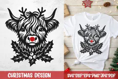 Highland cow with small antlers, red Rudolph nose, and holly—single‑color Christmas SVG with optional color layer for cutters and print