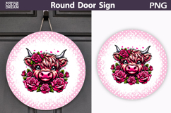 Highland Cow Floral Door Sign | Round Sublimation PNG Product Image 1