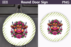 Highland Cow Floral Door Sign | Round Sublimation PNG Product Image 1